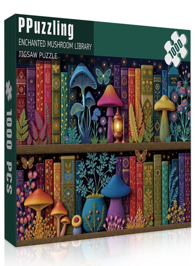 PPuzzling Mushroom Bookshelf Puzzles for Adults 1000 Pieces, Challenging Fantasy Mushroom Library Jigsaw Puzzle with Vintage Books, Glowing Butterflies, Colorful Botanical Aesthetic Art Puzzle - Image 2